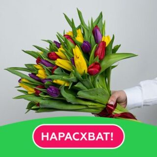Букет из 35 тюльпанов стандарт яркий микс под ленту