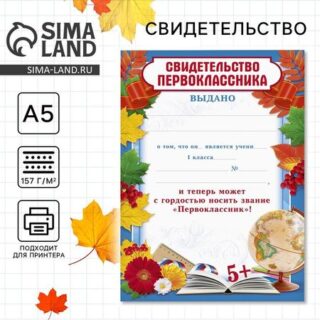 Грамота школьная на 1 сентября «Свидетельство первоклассника», А5, 157 г/м².