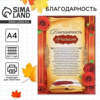 Грамота «Благодарность учителю», А4, 157 г/м².