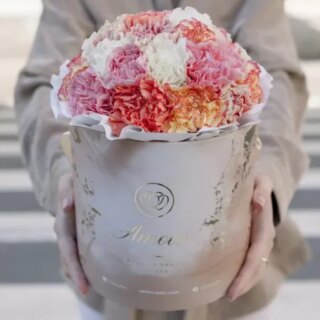 Букет в бежевой шляпной коробке Amour Mini из 
25 гвоздик микс