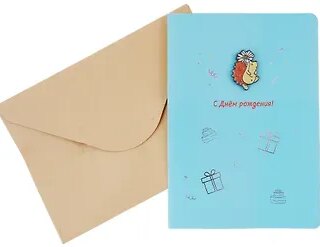 Открытка со значком Ежик с ромашкой С Днем рождения! (15х11) (конверт) (картон, металл)