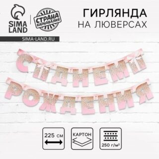 Гирлянда на люверсах «С Днем Рождения», розовая с подарком, длина 225 см